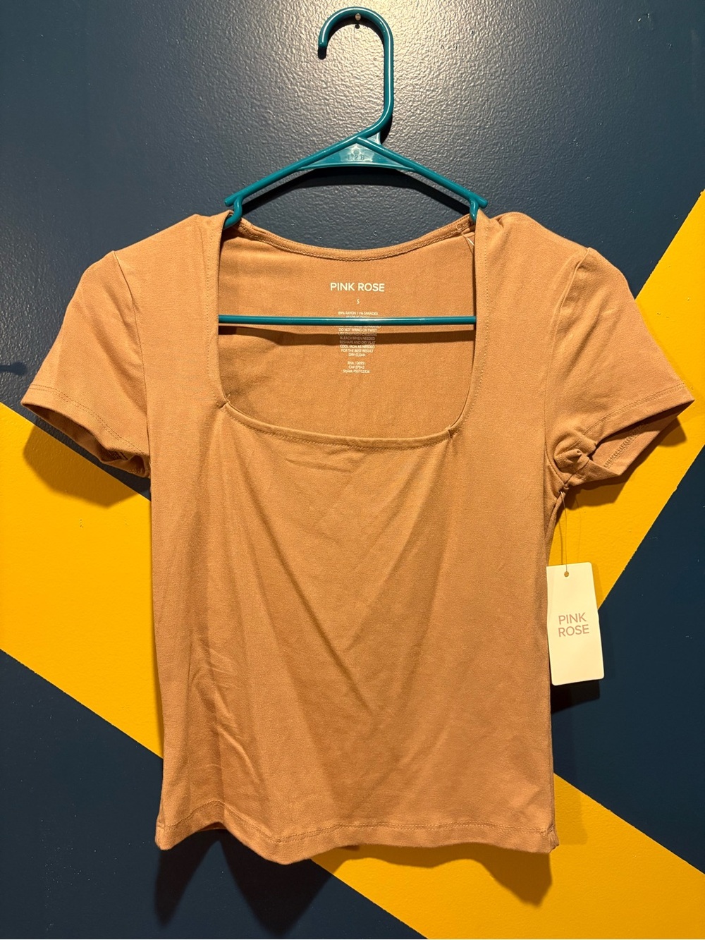 Pink Rose Khaki Square Neck Short Sleeve Boxy Tee NWT